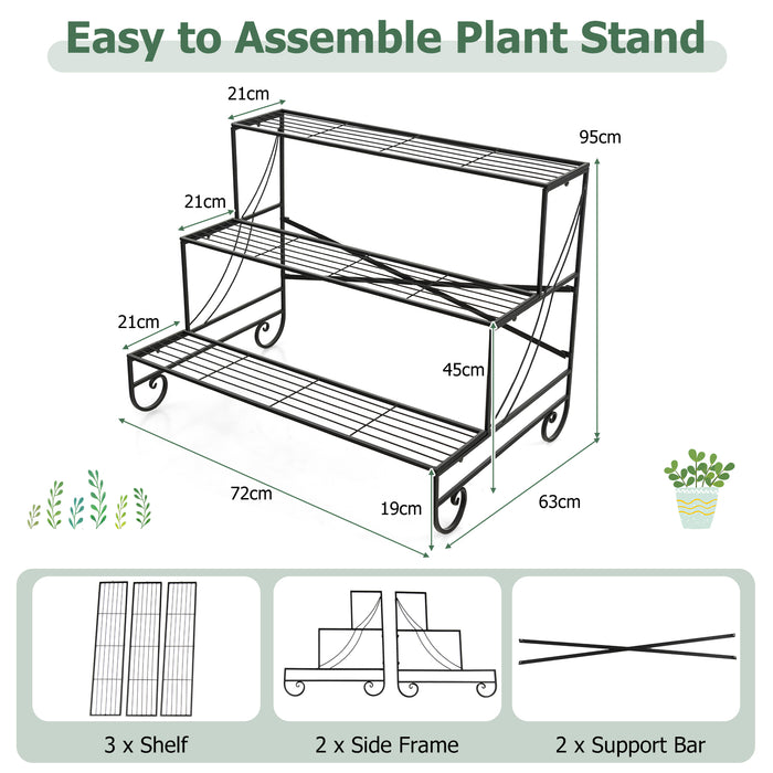3-Tier Ladder - Mental Plant Stand with Grid Shelf - Ideal for Displaying Multiple Plants Indoors and Outdoors