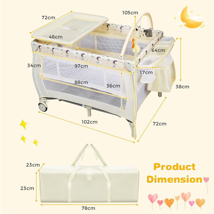 Convertible 3 in 1 Bassinet Cot - With Changing Table and Toy Bar, Beige - Ideal for New Parents and Infant Recreation