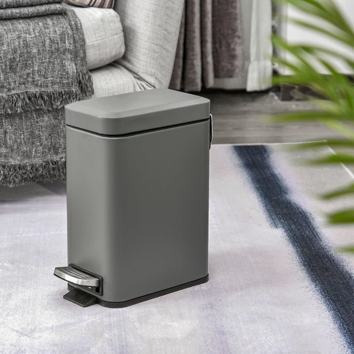 5L Rectangular Compact Bin with Pedal Lid - Steel Body and Removable Bucket, Quiet-Close Lid - Ideal for Tidy Waste Disposal in Home or Office