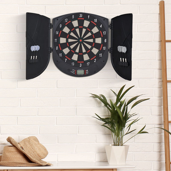 Electronic Dartboard Set - 26 Games, 185 Variations, Storage Cabinet, 6 Darts Included - Multi-Game Entertainment for Home Use