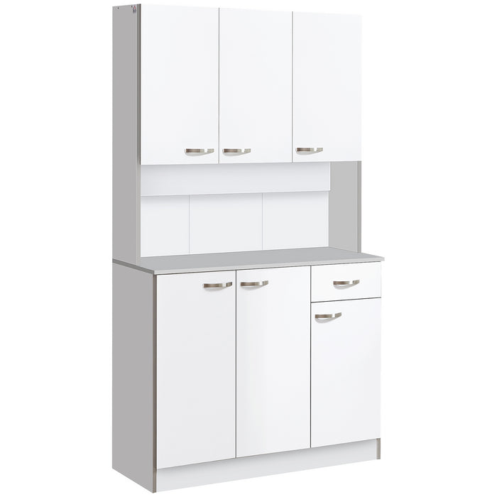 Freestanding Kitchen Cupboard Organizer - 6-Door Storage Cabinet with Drawer and Adjustable Shelves, Open Countertop Design - Ideal for Dining Room Organization, White Finish