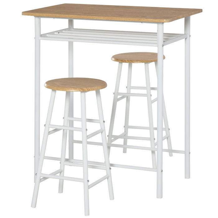 Modern Bar Table Set with 2 Stools - White & Oak Finish, Metal Frame Footrest & Storage Shelf - Ideal for Kitchen, Dining, Pub, or Café Spaces