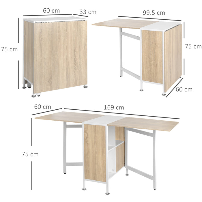 Foldable Oak & White Dining Table - Space-Saving Workstation with Storage Shelves - Ideal for Small Apartments & Studios