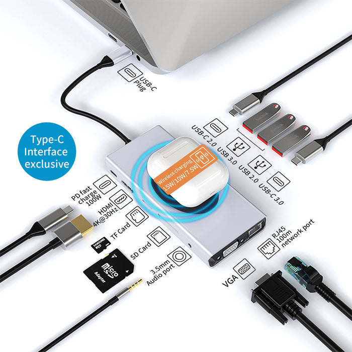 Basix 13-in-1 Docking Station - Triple Display USB-C Hub with USB 3.0, USB-C 2.0, 15W Wireless Charger, 100W Type-C PD, Dual 4K HDMI, VGA, 3.5mm Audio Jack, RJ45, and Memory Card Readers - Ultimate Connectivity Solution for Professionals