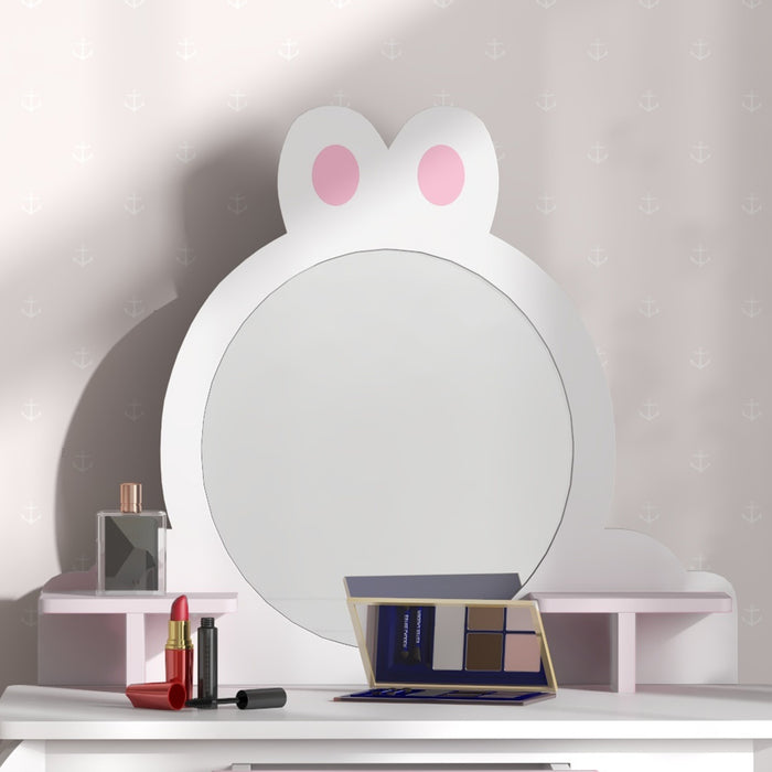 Bunny-Design Children's Vanity Set - Play Dressing Table with Mirror and Matching Stool, White and Pink - Perfect for Creative Play and Dress-Up Fun