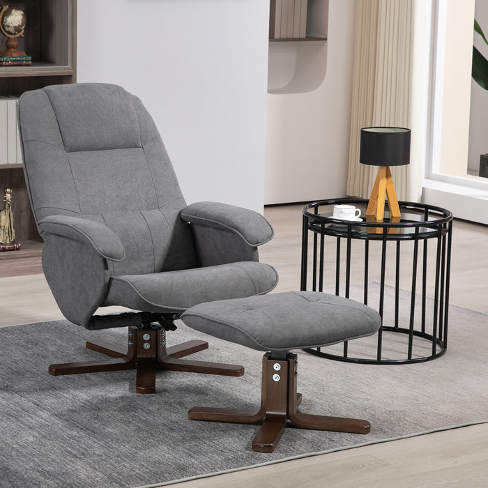 Linen Swivel Recliner with Matching Footstool - Upholstered Grey Reclining Armchair with Elegant Wooden Base - Comfortable Lounging for Living Room