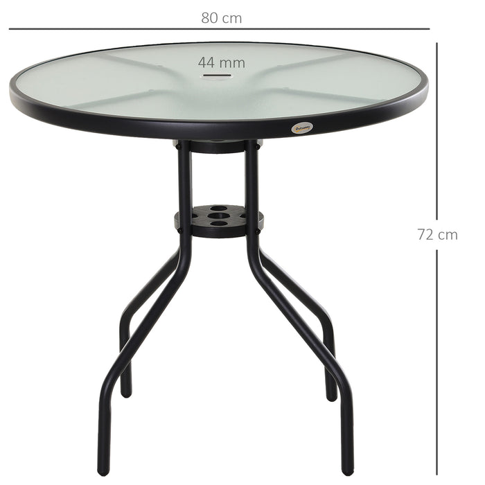 Outdoor Round Dining Table with Parasol Hole - Tempered Glass Top, 80cm Diameter Coffee Side Table - Ideal for Garden and Patio Entertaining