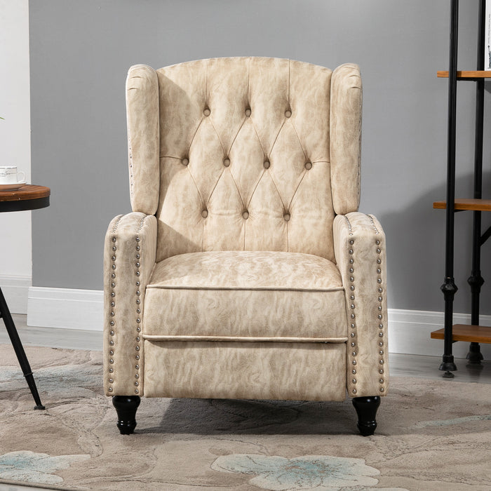 Studded Recliner with Retractable Footrest - Beige Upholstered Armchair with Nailhead Trim - Comfortable Seating for Relaxation and Home Lounging