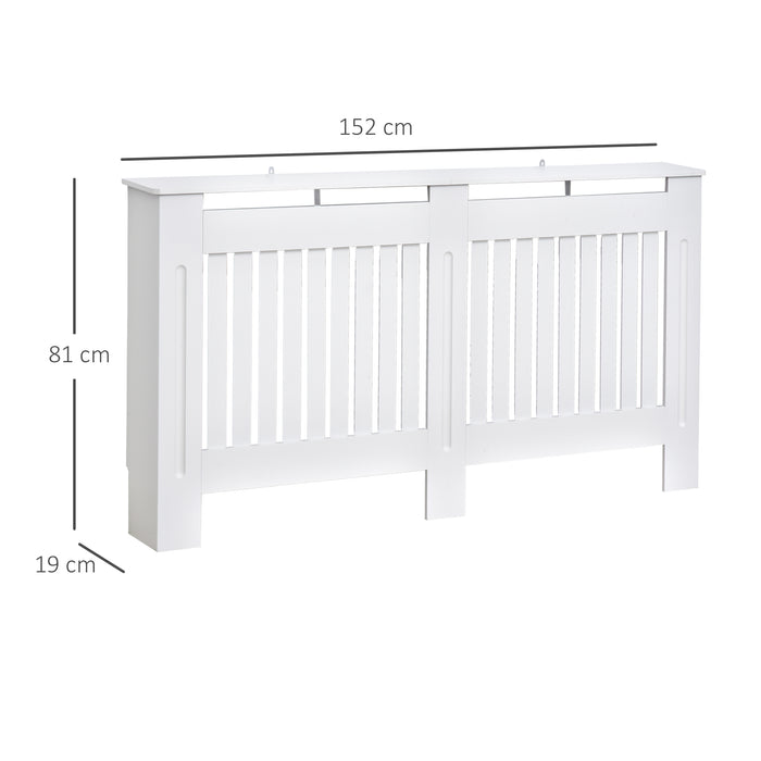 Radiator Cabinet with Slatted Design - White Painted MDF with Lined Grill, 152x19x81cm - Elegant Home Heating Protection & Decor Enhancement