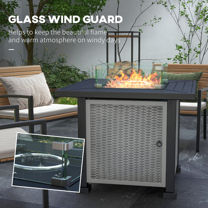 Rattan Gas Fire Pit Table with Glass Screen - 50,000 BTU Square Smokeless Outdoor Fire Pit with Beads & Lid - Perfect for Patio Ambiance and Entertainment, 81x81x64 cm, Grey