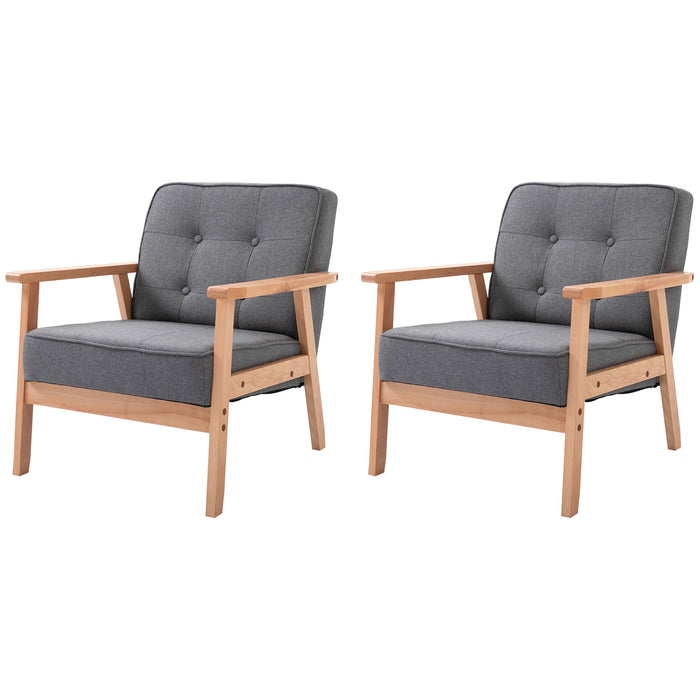 Retro Accent Armchair with Beech Wood Frame - Padded Grey Chairs for Living Room, Bedroom, Balcony, Conservatory - Ideal for Home & Office Reception (Set of 2)