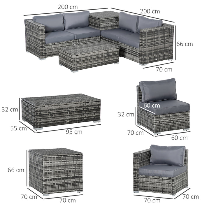 6PC Rattan Corner Sofa Set - 4 Seater Wicker Outdoor Furniture with Storage Coffee Table and Cushioned Ottoman - Ideal for Garden and Patio Entertainment