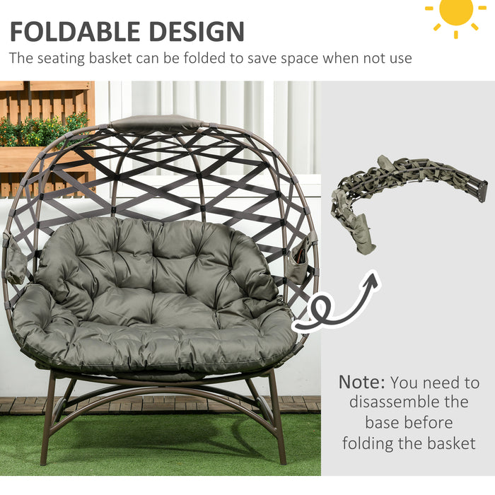 Folding 2-Seater Outdoor Egg Chair with Cushion - Woven Design with Cup Holder Pockets, Sand Brown - Ideal Garden Loveseat for Relaxing and Entertaining