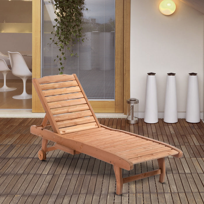 Outdoor Wooden Lounger with Built-In Table - Adjustable Backrest, Wheels, Red Brown Sun Bed - Perfect for Patio Relaxation and Sunbathing