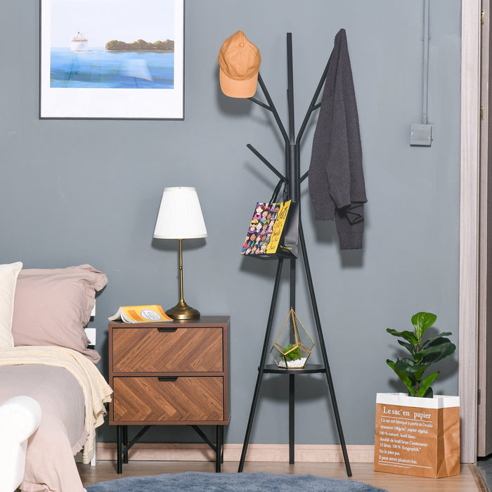 Free Standing 180cm Metal Coat Rack with 9 Hooks - Clothes, Hat, Bag, and Umbrella Stand with Shelf - Organizational Hall Tree for Entryway, Office or Bedroom