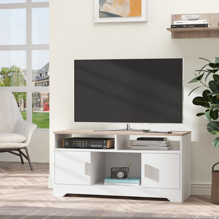 Modern TV Stand for 42-Inch Screens - Stylish Storage with Cabinets & Shelves, Wide Tabletop - Ideal for Living Room, Bedroom Decor in White & Wood Finish