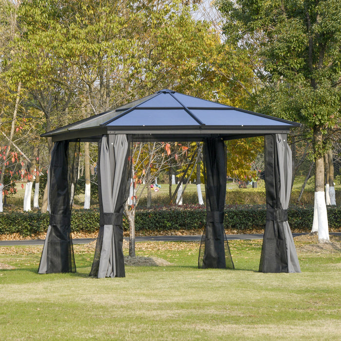 Hardtop Aluminum Gazebo 3x3m - UV-Resistant Polycarbonate Roof, Mosquito Netting & Curtains - Outdoor Patio Shelter for Garden Entertaining