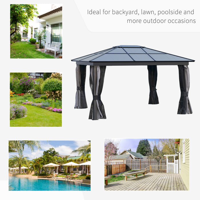 Outdoor Patio Shelter - 4 x 3.6m Hardtop Gazebo, UV-Resistant Polycarbonate Roof, Aluminium Frame, Mosquito Netting, Curtains - Ideal for Garden Entertainment and Relaxation