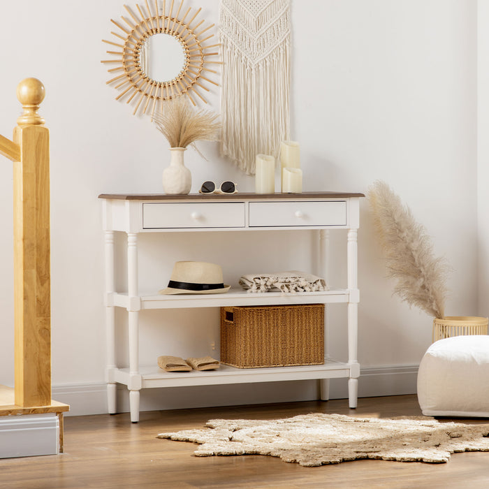 Modern Console Table with Pine Wood Legs - Storage Shelves and Drawers, Narrow Sofa Table for Living Room and Entryway - Stylish White Hallway Organizer for Home Decor