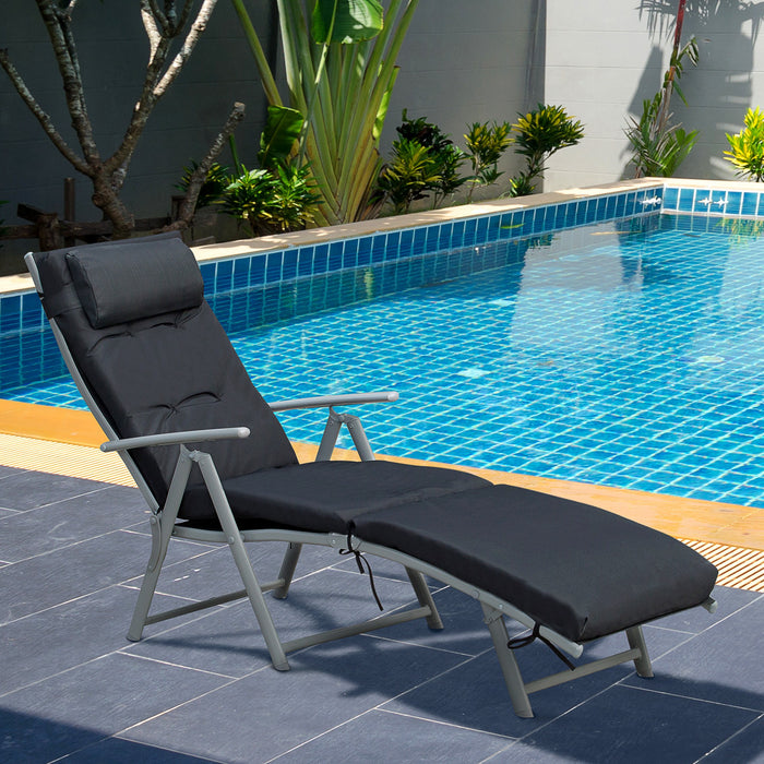 Outdoor Patio Adjustable Sun Lounger - Foldable Reclining Garden Chair with Texteline Fabric and Pillow, Black Cushion Included - Comfortable Seating for Relaxation and Sun Bathing