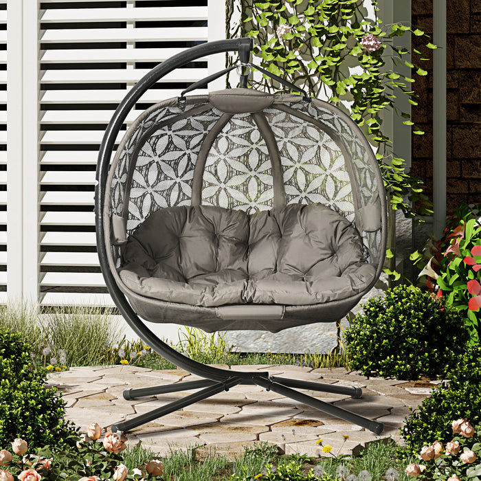 Outdoor Double Hanging Swing Chair - Sturdy Metal Stand & Comfy Thick Padding - Foldable Design with Cup Holders, Ideal for Patio & Balcony Use, Sand Brown