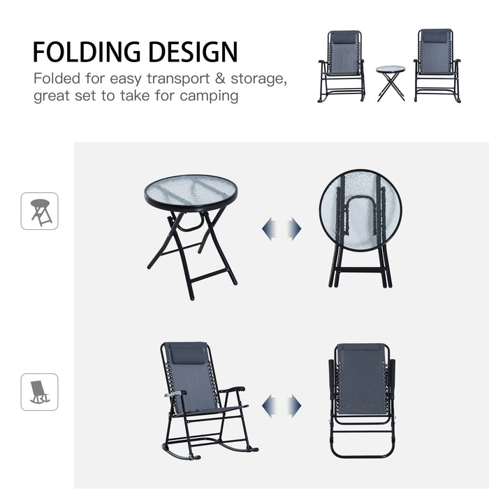 Outdoor Rocking Bistro Set - 3-Piece Patio Ensemble with 2 Folding Chairs & Tempered Glass Table - Ideal for Garden and Deck Relaxation in Grey