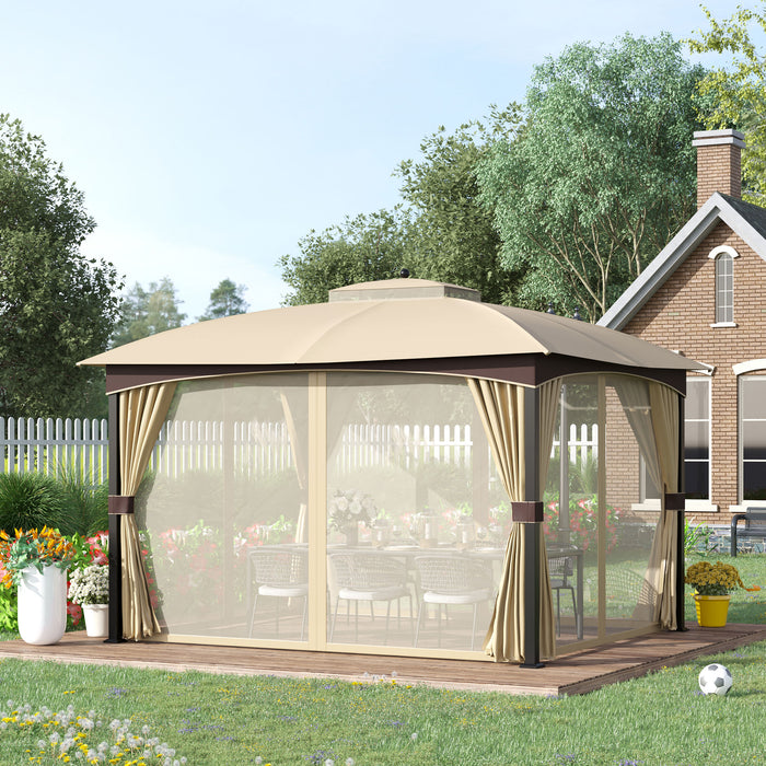 4 x 3m Patio Gazebo - Double Tier Roof Garden Canopy Shelter with Removable Netting and Curtains - Ideal for Lawn and Poolside Relaxation, Khaki Color