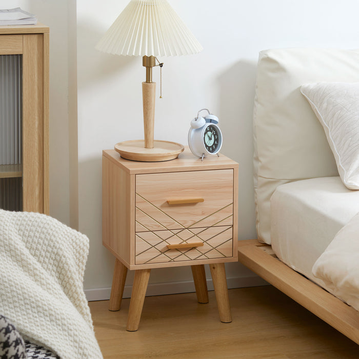 Scandinavian-Style Bedside Cabinet with Drawers - Natural Wood Legs, Sleek Nightstand - Ideal Bedroom Storage Solution for Modern Homes