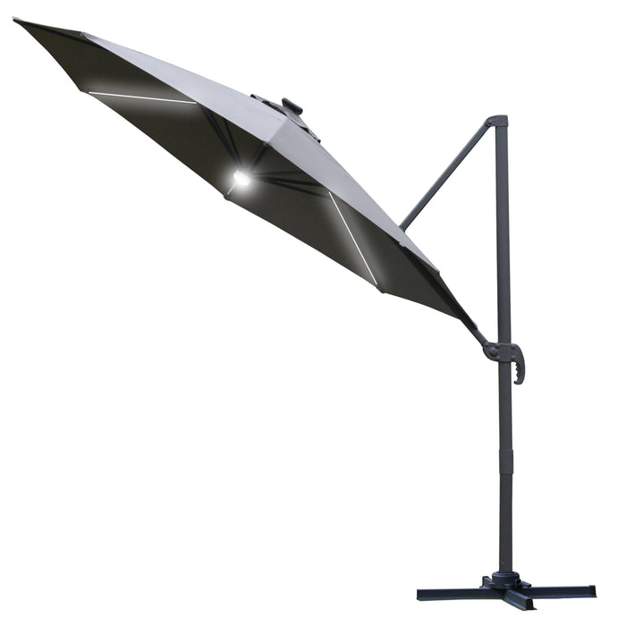 Cantilever Roma Umbrella with LED Solar Light - 3m Outdoor Patio Sun Shade, Cross Base, 360° Rotation, Grey - Ideal for Garden Illumination and Protection