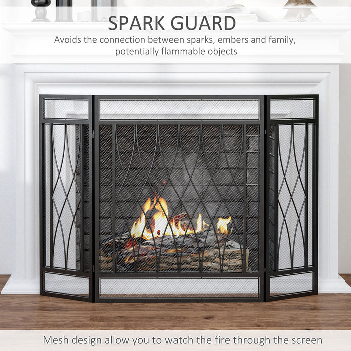 Metal Mesh Fire Spark Guard - 3-Panel Folding Fireplace Screen, 126x3x80cm in Black - Safety Accessory for Home & Hearth