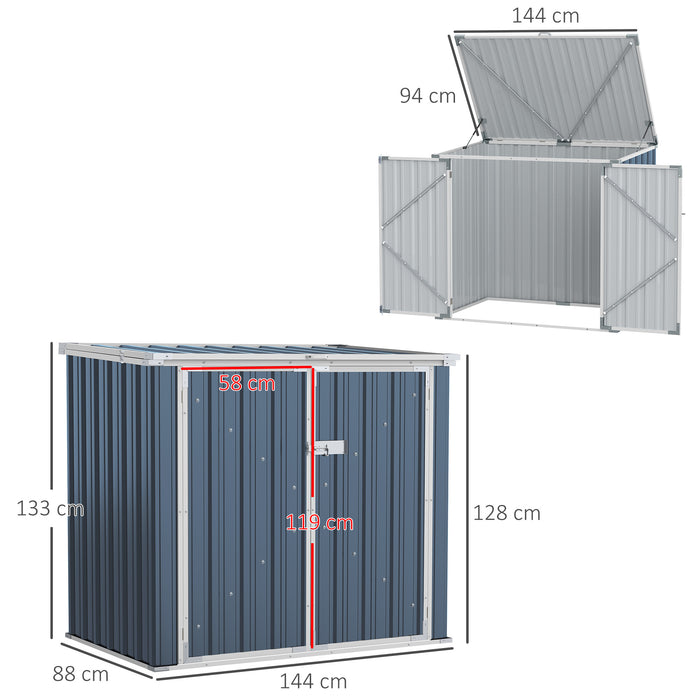 Steel Double Bin Storage Shed - 5ft x 3ft Garden Waste Organizer with Locking Doors, Openable Lid - Conceals Trash Cans, Secures Garbage