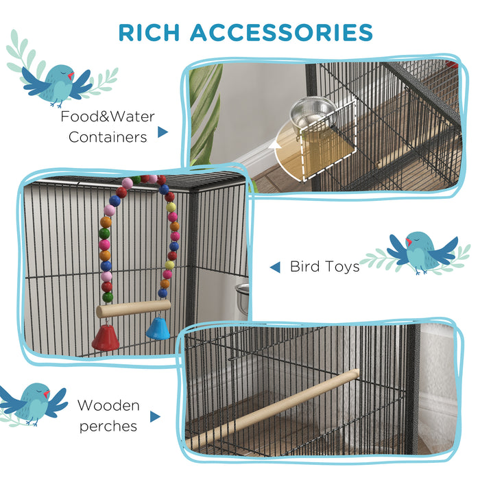 Rolling Bird Cage with Stand for Budgies - Durable Small Bird Enclosure in Grey - Ideal Home for Pet Finches and Canaries