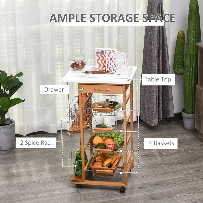 Kitchen Storage Organizer Trolley - 4-Tier Utility Cart with Basket Drawers & Side Racks - Mobile Serving Solution for Dining Room