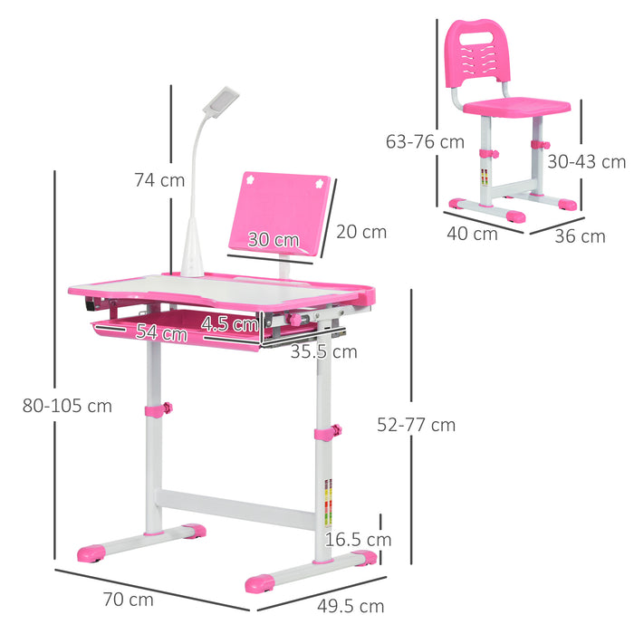 Height Adjustable Children's Study Desk with Chair - Ergonomic Design with USB Lamp and Storage Drawer - Ideal for Homework and Art Projects, Pink and White