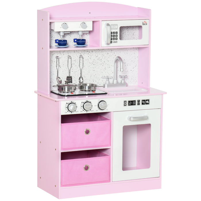 Interactive Wooden Play Kitchen Set with Functional Lights & Sounds - Includes Coffee Maker, Microwave, Sink, Utensils & Storage Bins - Perfect for Children's Imaginative Pretend Play in Pink