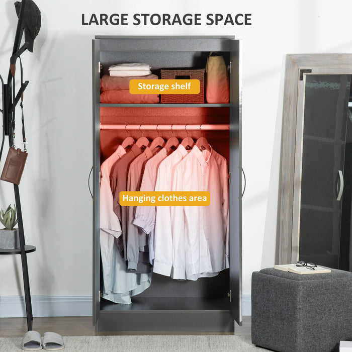 High Gloss Grey Wardrobe with Hanging Rod and Shelf - 2-Door Clothes Organizer with Anti-Tip Safety - Ideal Bedroom Storage Solution