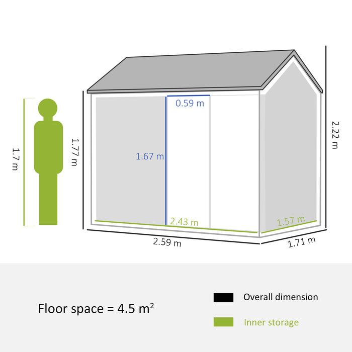 Galvanised Metal Garden Shed 8x6 ft - Outdoor Storage with Double Doors, Window, Air Vents - Ideal for Patio and Lawn Equipment, Grey Color