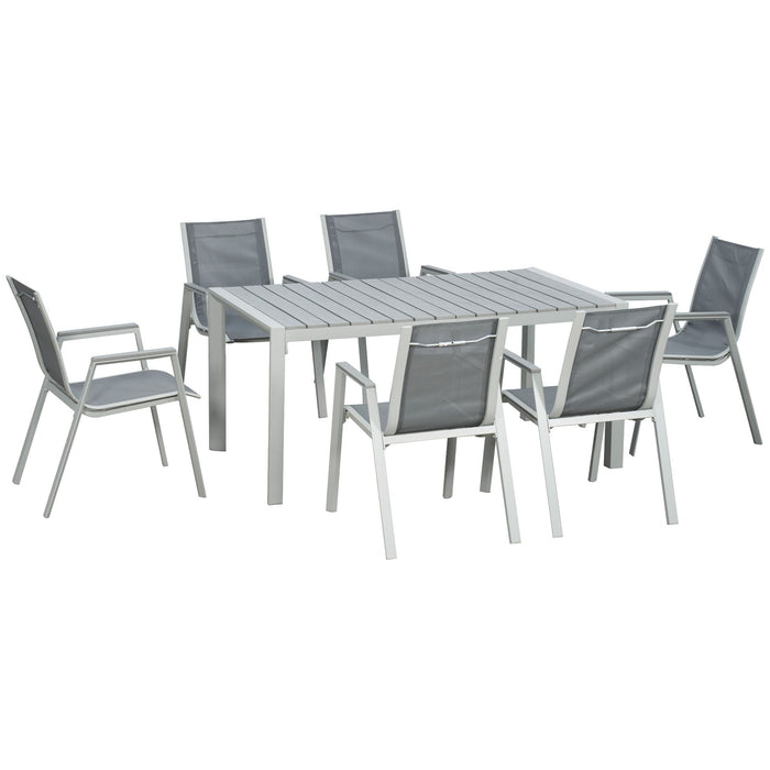 7-Piece Patio Dining Ensemble - Aluminum Frame with Wood Grain Plastic Tabletop & Mesh Fabric Armchairs in Light Grey - Ideal for Outdoor Family Dinners and Gatherings