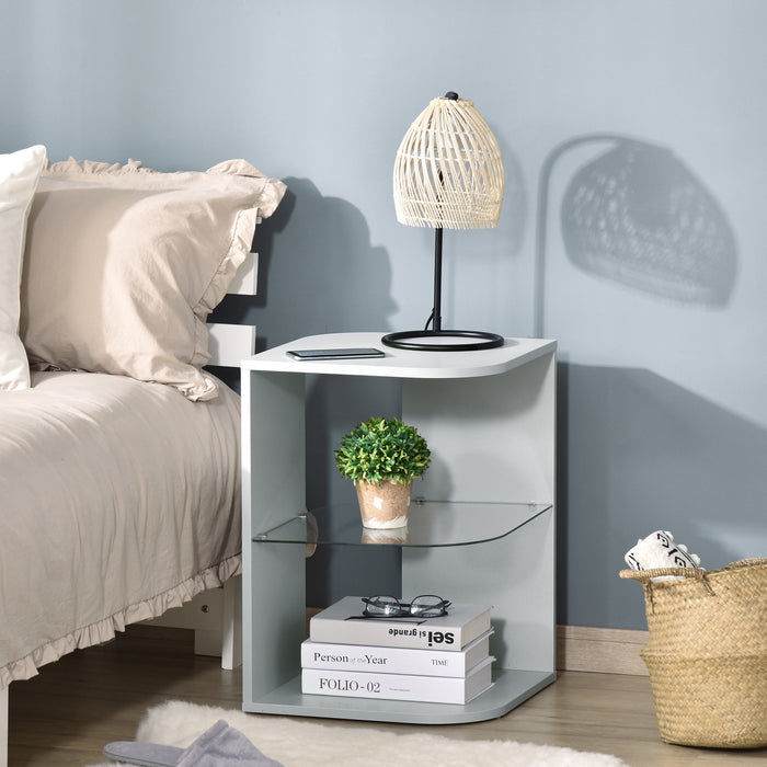 Three-Tier Modern Grey Side Table - Bedside Nightstand with 2 Storage Shelves - Ideal for Living Room & Bedroom Organization