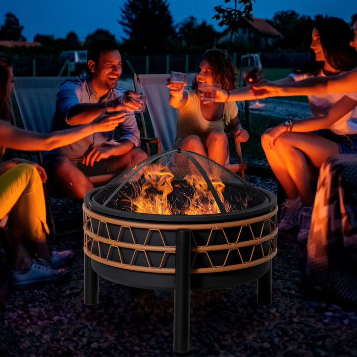 Round Metal Outdoor Fire Pit - Charcoal & Wood Burning Bowl with Screen Cover and Poker - Ideal for BBQ, Patio, and Camping Activities