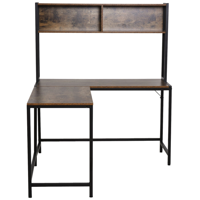 Industrial Corner Desk with Storage Shelves - L-Shaped Workstation with Steel Frame and Adjustable Feet - Home Office Study Furniture in Stylish Brown and Black