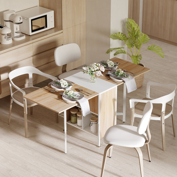 Foldable Oak & White Dining Table - Space-Saving Workstation with Storage Shelves - Ideal for Small Apartments & Studios