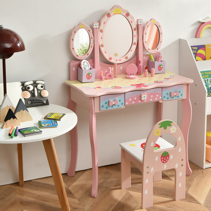 Kids Paradise - Dressing Table, Chair Set, Pink, 3 Mirrors, 3 Drawers - Perfect for Children's Room Setup