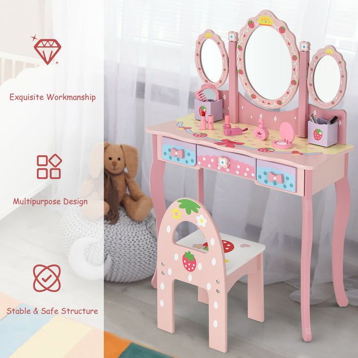 Kids Paradise - Dressing Table, Chair Set, Pink, 3 Mirrors, 3 Drawers - Perfect for Children's Room Setup