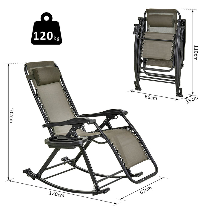 Outdoor Folding Rocking Chair - Adjustable Zero-Gravity Recliner with Headrest and Side Holder for Patio and Deck - Comfortable Sun Lounger for Garden Relaxation, Grey