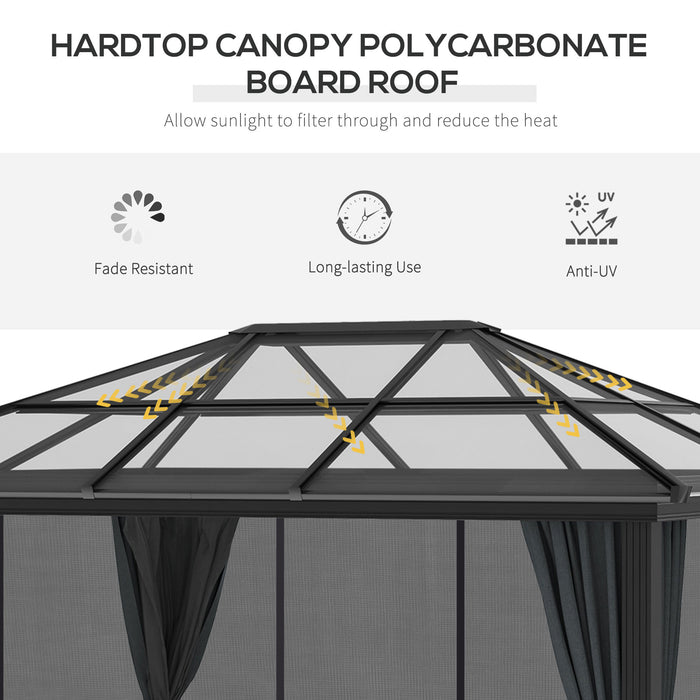 Hardtop Gazebo 3 x 3.6m - UV Resistant Polycarbonate Roof, Aluminium Frame, Garden Pavilion - Includes Mosquito Netting and Curtains for Outdoor Relaxation and Entertaining