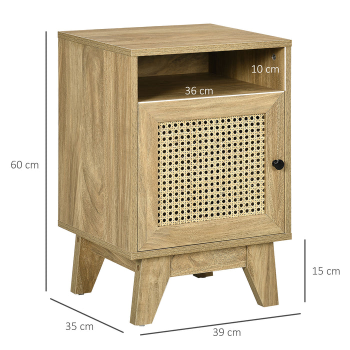 Natural Rattan-Styled Bedside Table - Compact Side End Table with Storage Shelf and Cupboard, 39x35x60 cm - Ideal for Bedroom Organization and Charm