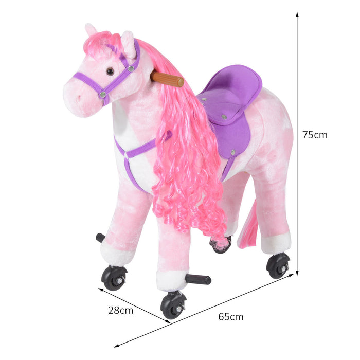 Plush Pink Horse Ride-On Toy with Sound Effects - Kid-Friendly Walking Horse Stuffed Animal - Fun Indoor & Outdoor Play for Children