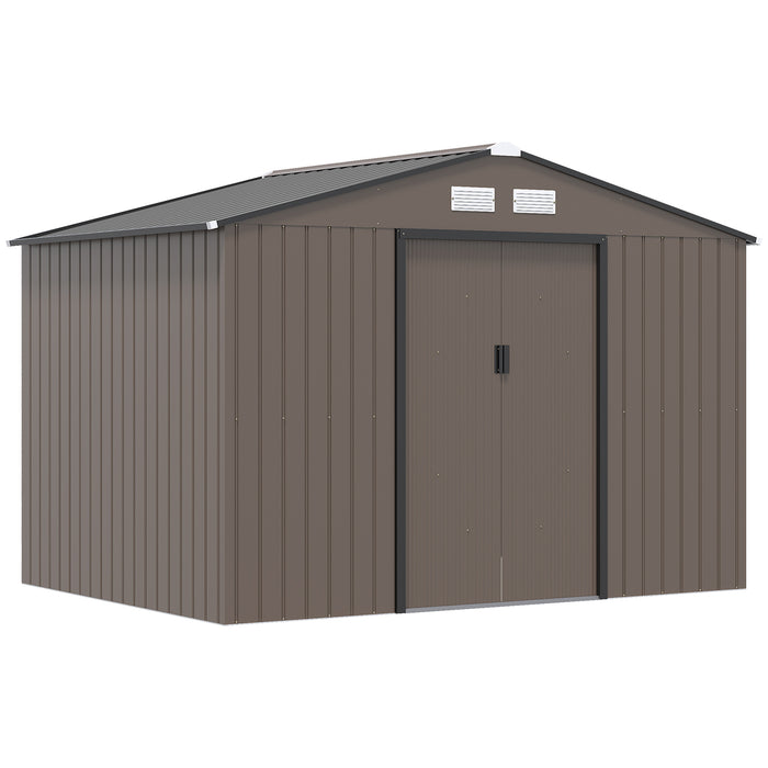 Outdoor Metal Storage Shed - 9 x 6FT with Foundation, Ventilation, and Double Doors - Spacious Brown Garden Solution for Tools and Equipment