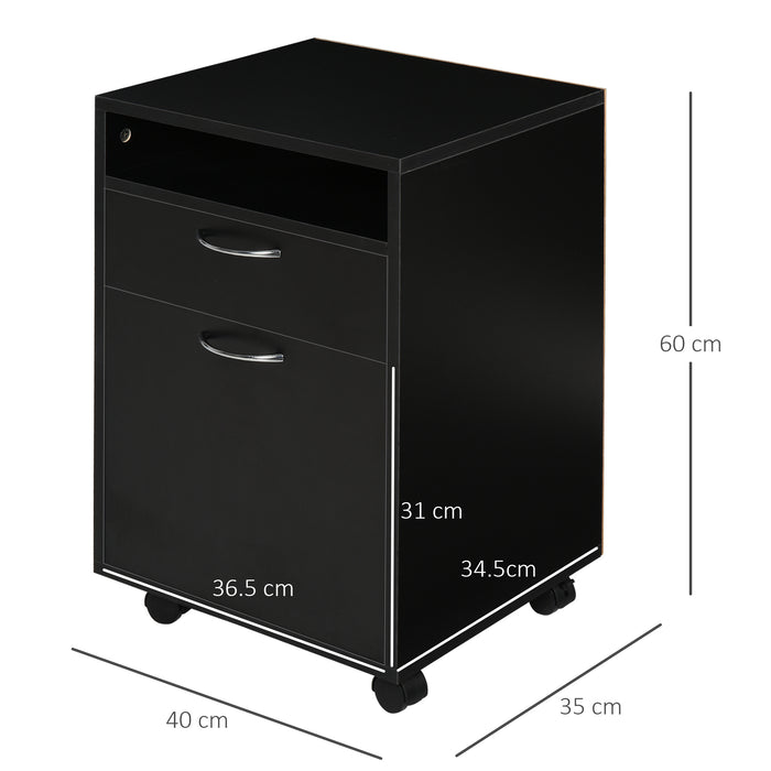 Mobile Printer Storage Cabinet with Drawer - 60cm Office Organizer with Open Shelf and Metal Handles - Easy-to-Move Unit on 4 Wheels for Home Office